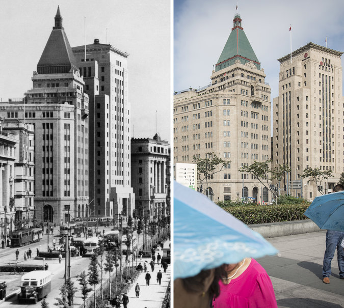 Sir Victor Sassoon's Cathay Hotel, renamed the Peace Hotel, in 1958, left, and today