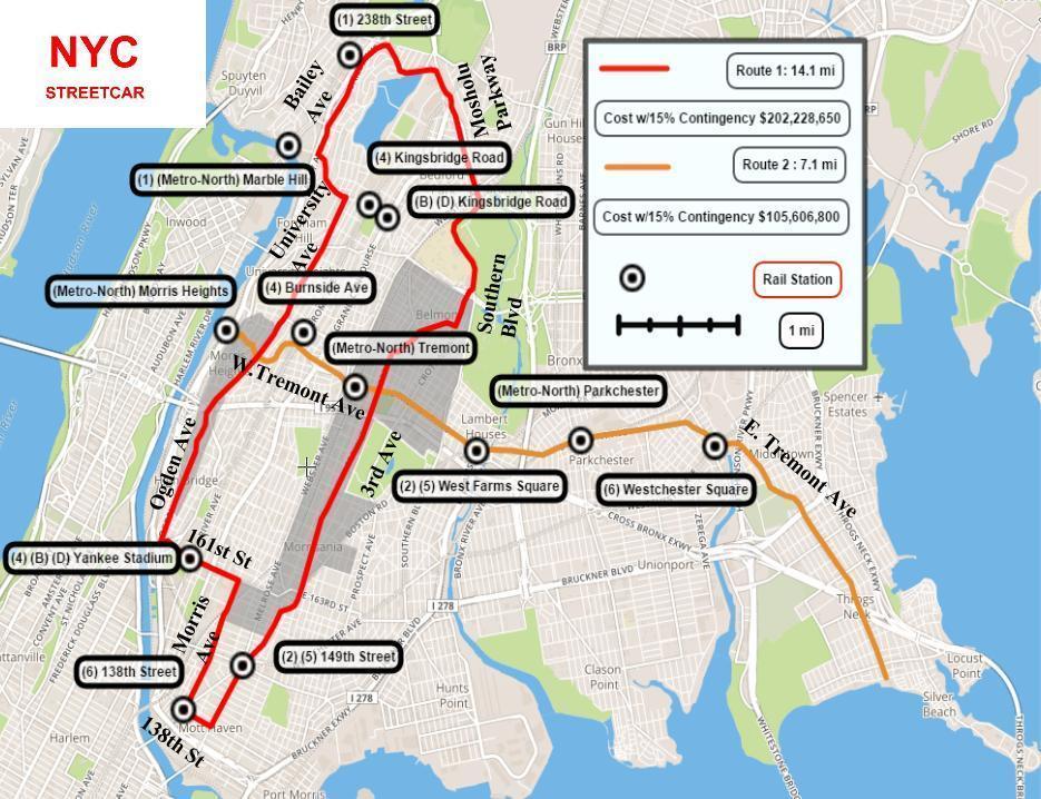 Proposed map of a new streetcar system in the bronx which would benefit many underserved areas of the borough