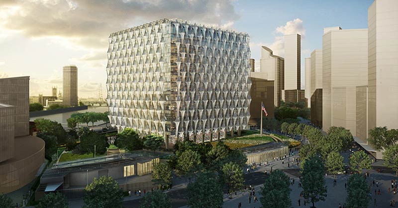 Rendering of the new u. S. Embassy in london, which achieves security, not through roadblocks and concrete barriers, but through landscape architecture, such as ponds, berms and low-wall gardens