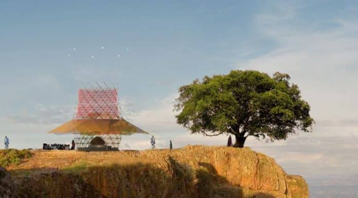 The WarkaWater tower produces water by harvesting rain, fog and dew from the air