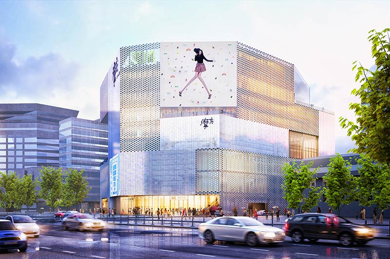 M-cube shopping centre at chongwenmen, beijing offers changing façade conditions: grey to pearlescent