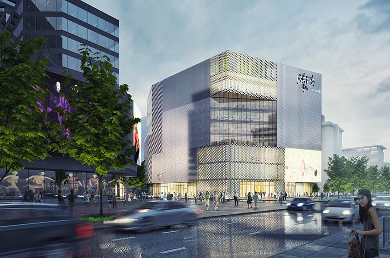 M-cube shopping centre at chongwenmen, beijing offers changing façade conditions: grey to pearlescent