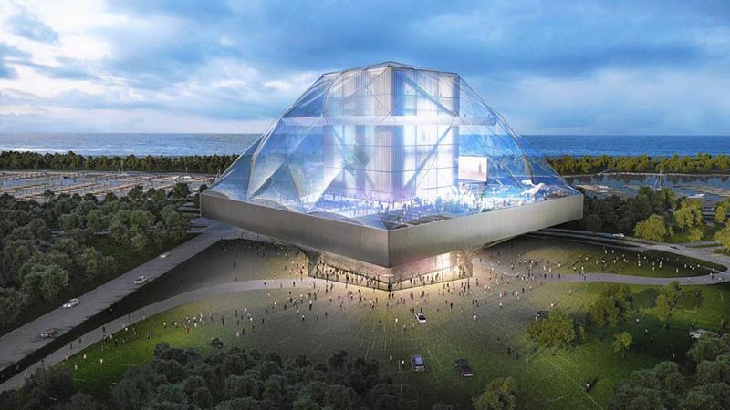 This glass building designed by architect Shohei Shigematsu was a losing entrant in George Lucas' 2014 competition to design his museum.