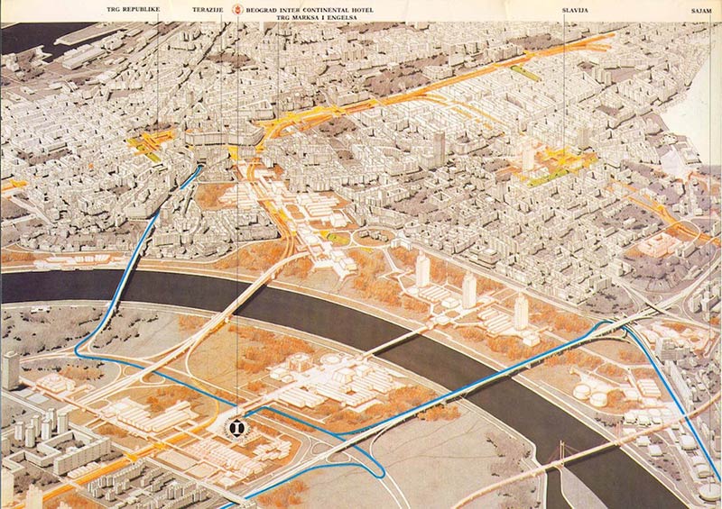 Map of belgrade from the 1980s, showing planned urban developments