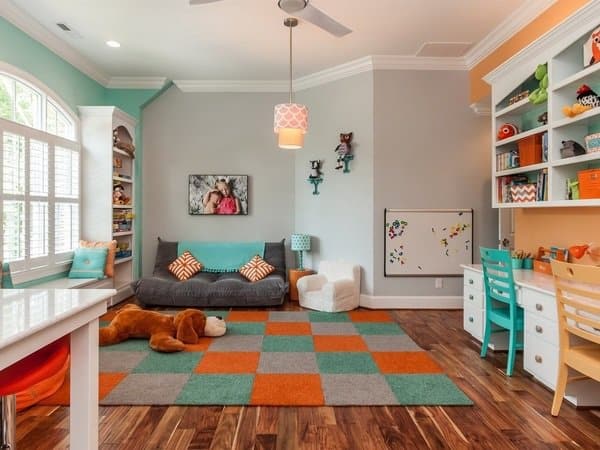 Kids room furniture ideas floor couch gray sofa ideas colorful carpet