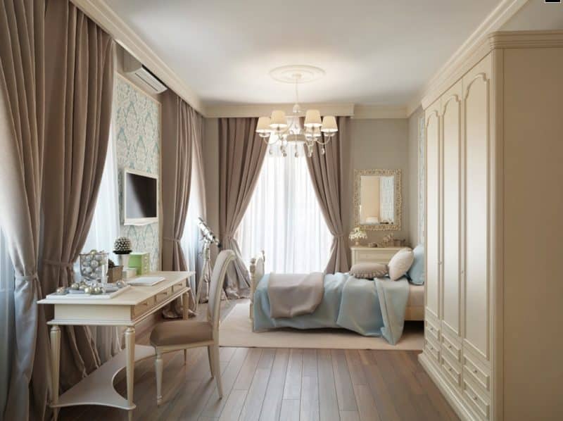 Nice bedroom with taupe plush curtains