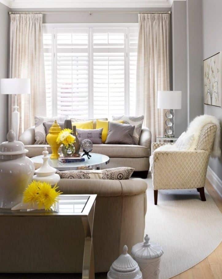 Pops of yellow taupe sofa