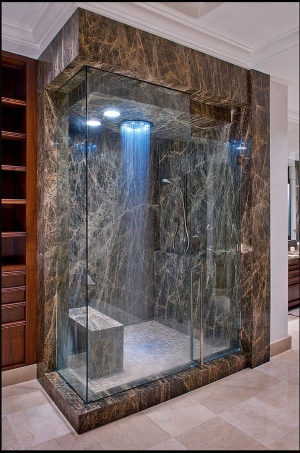 The opulent granite shower enclosure