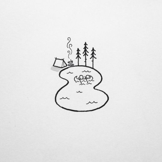 104. Simple sketch of a pond and a camping site