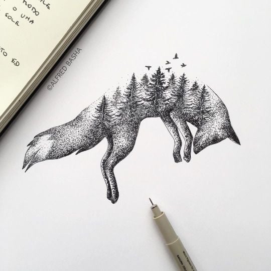 92.  elements of nature depicted through sketch of a lying fox