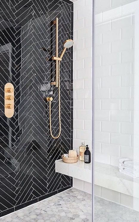 White walk-in shower with accented subway tiles