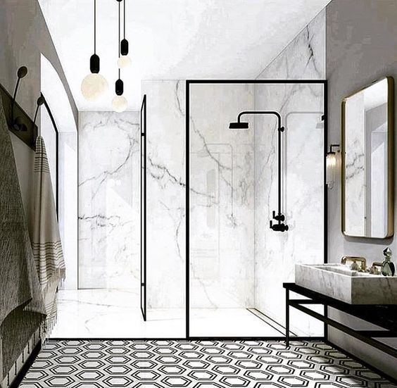 Eclectic marble shower without door