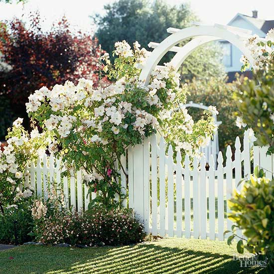 A stark white garden gate