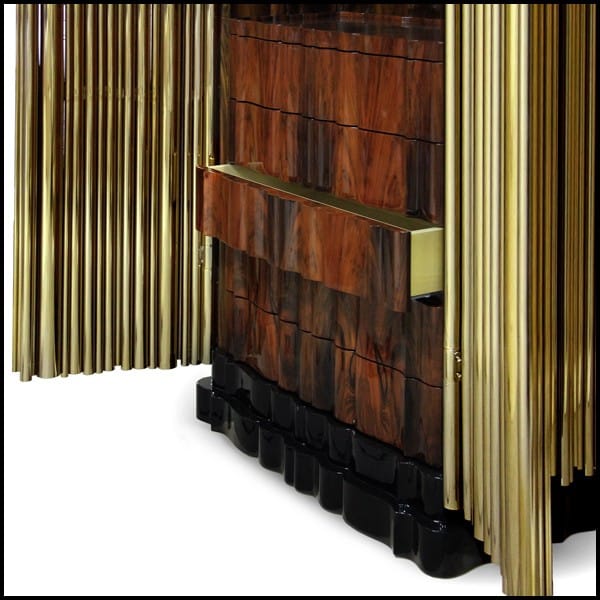Cabinet in polished brass tubes that wrap an exotic wooden structure 145 symphony 1