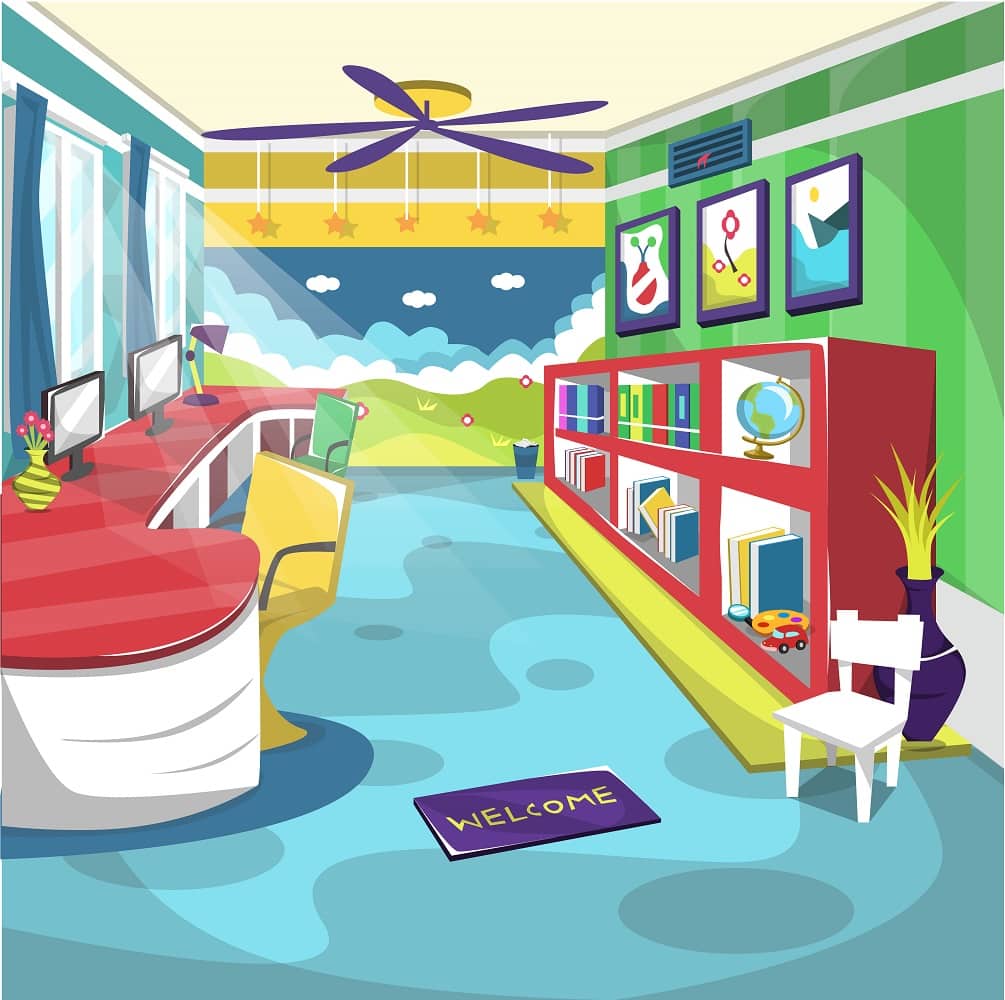 Clean kids library school room with ceiling fan, wall painting, globe, books in the cupboard for cartoon vector illustration interiorq