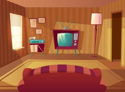 Vector illustration of cartoon living room. Front view from sofa to TV set, vinyl player. Light from window on furniture, carpet. Domestic interior background