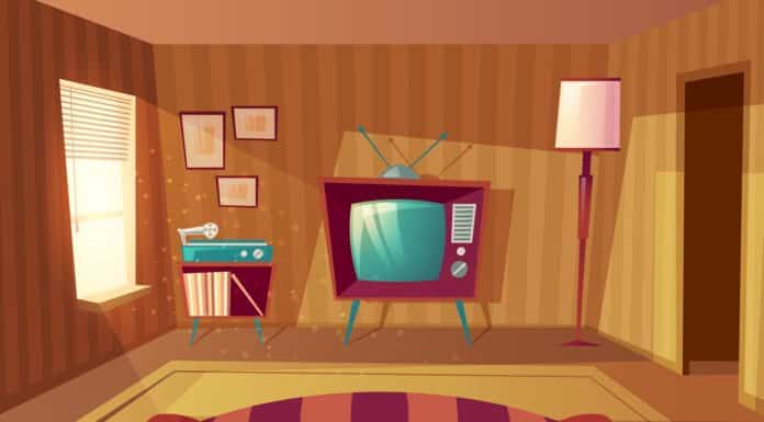 Vector illustration of cartoon living room. Front view from sofa to TV set, vinyl player. Light from window on furniture, carpet. Domestic interior background