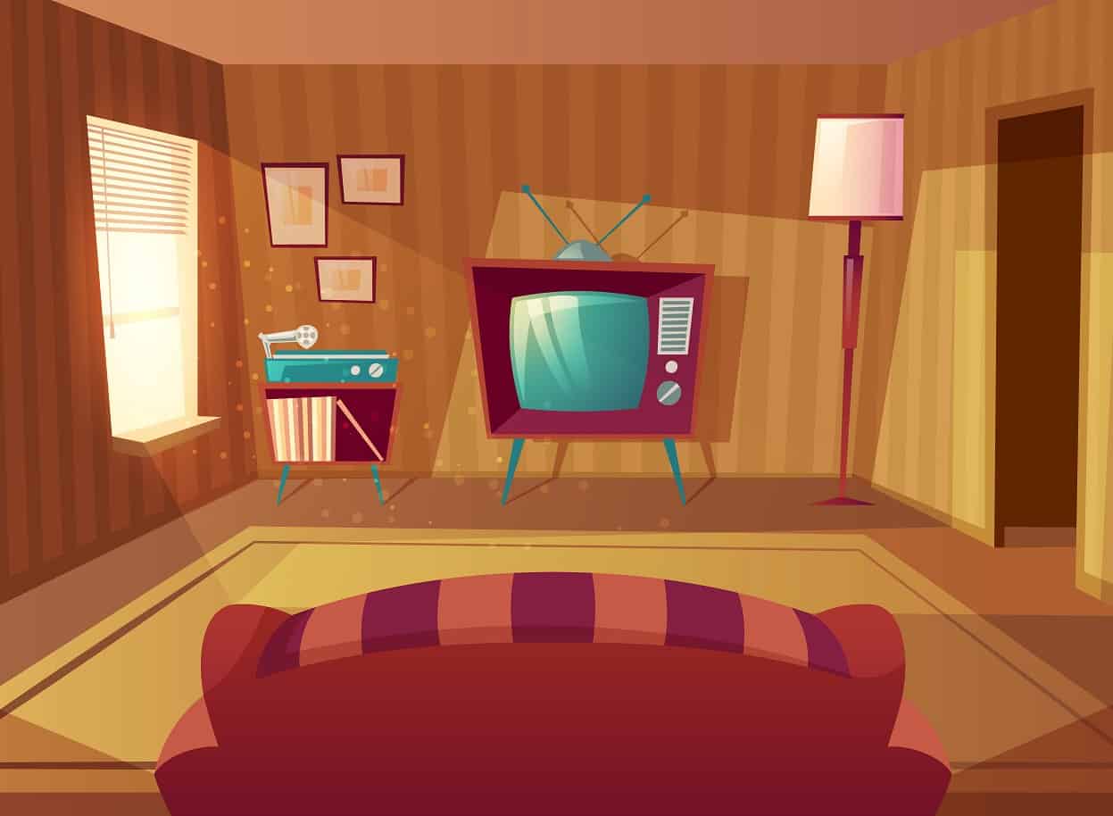 Vector illustration of cartoon living room. Front view from sofa to tv set, vinyl player. Light from window on furniture, carpet. Domestic interior background