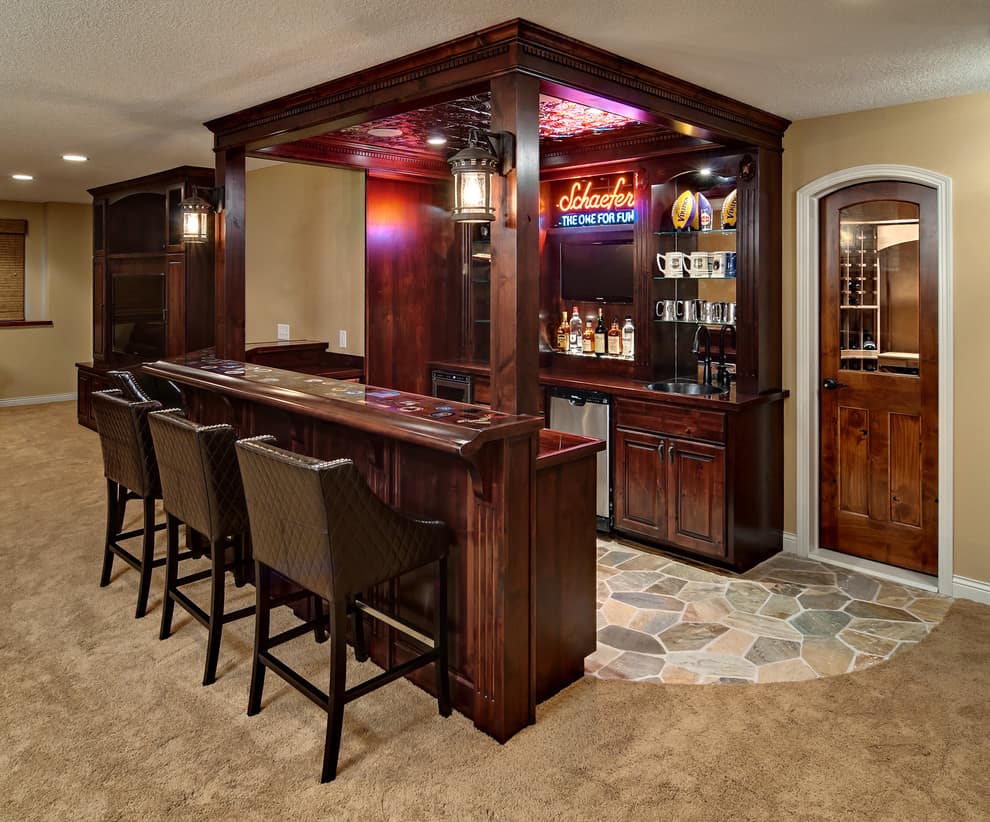 Basement bar ideas diy and cozy wooden barstools and rustic floor tile for basement bar ideas