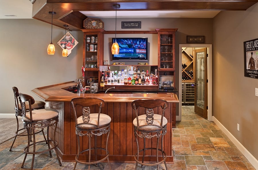 Basement bar complete with a wine cellar