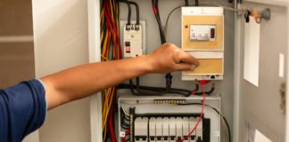 Senior electrician measuring voltage in fuse board