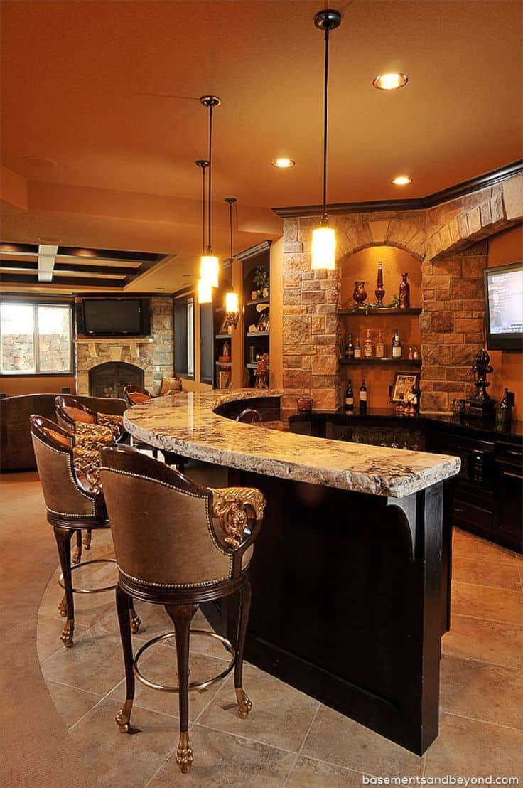 The curved style basement bar