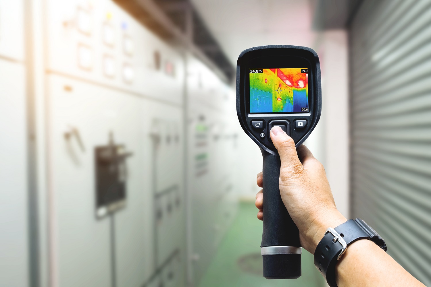 Technician use thermal imaging camera to check temperature in factory. Endnote on thermal cameras