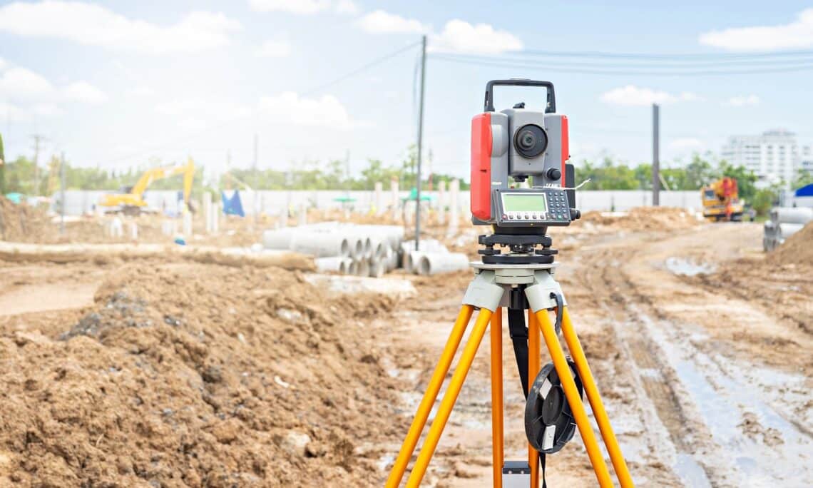 Surveyor equipment gps system or theodolite outdoors at construction site.