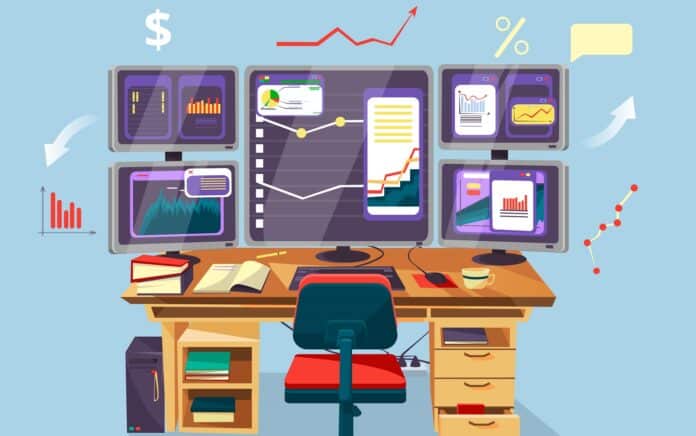 Vector cartoon trader, financial, data analyst office workplace background template. Graphs diagram chart at desktop monitor screens. Business man, stock currency exchange rate market research concept