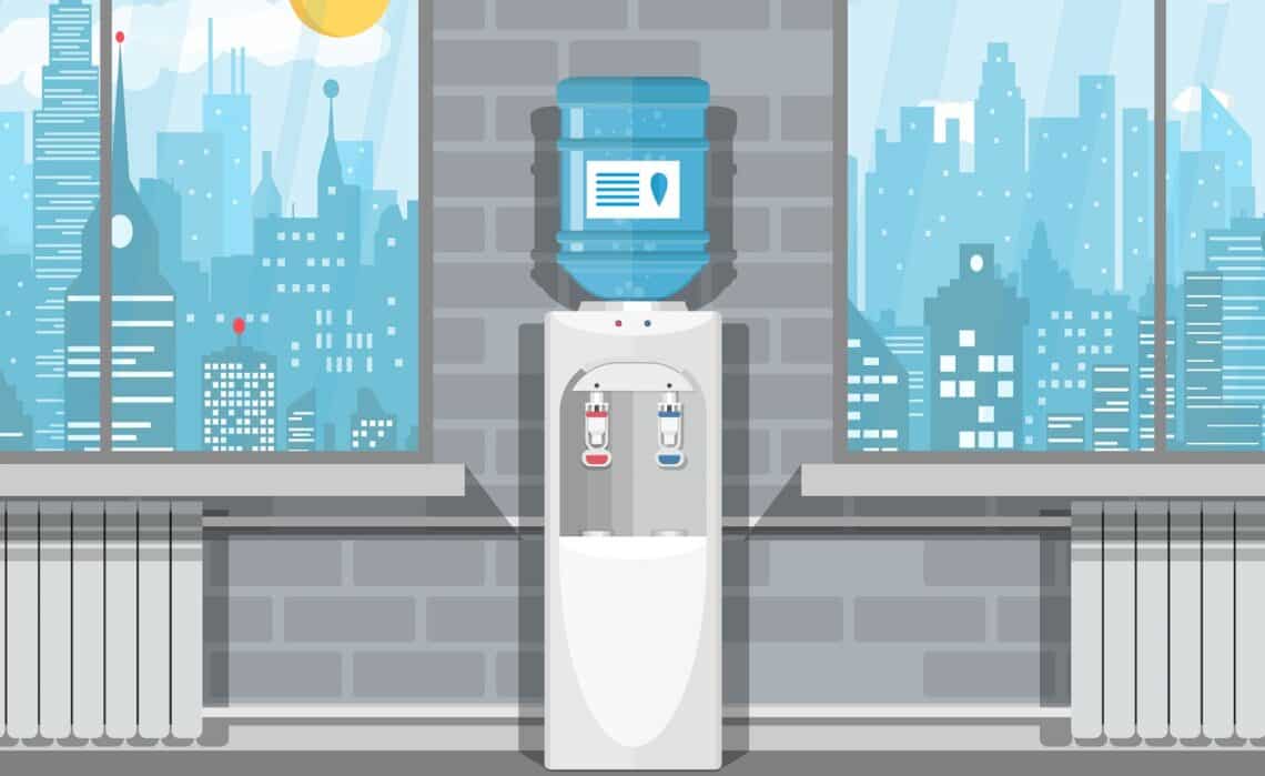 Gray white plastic water cooler with blue bottle. Office building interior. Windows with cityscape. Vector illustration in flat design