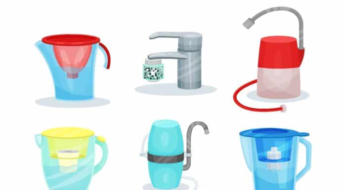 Set of different water filters. Metal kitchen faucets with purifiers. Glass jugs with filter cartridges. Modern filtration devices. Flat vector elements for promo poster or banner of household store.