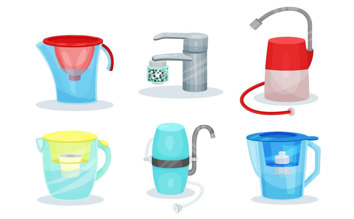 Set of different water filters. Metal kitchen faucets with purifiers. Glass jugs with filter cartridges. Modern filtration devices. Flat vector elements for promo poster or banner of household store.