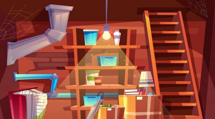 Vector cellar interior, storage of clothing inside the basement in cartoon style. Storeroom with shelves, furniture, pipeline. Illuminated by light of lamp bulb. Architecture background of storehouse