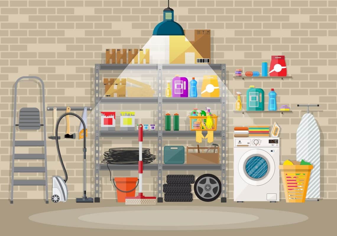 Interior of modern storeroom with metal shelves, storage, boxes, stair, wheels, cleaning accessories, washing machine, iron board, vacuum. Light lamp. Brick wall. Vector illustration in flat style