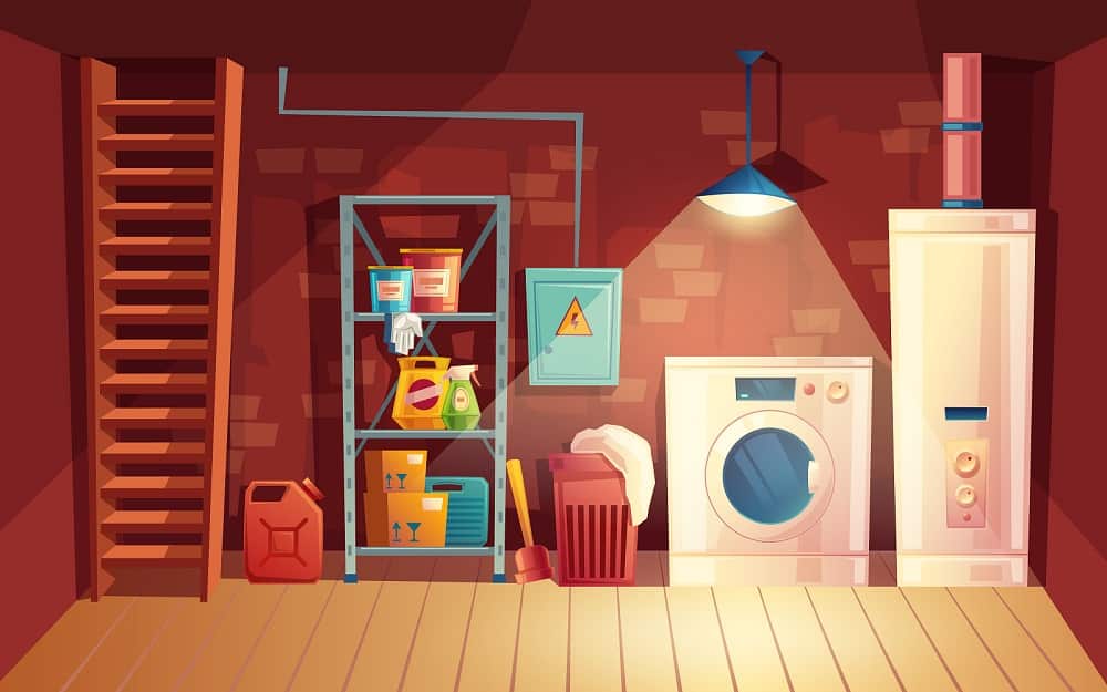 Vector cellar interior, laundry inside the basement in cartoon style. Storage with shelves, furniture, appliances - washing machine, heating system. Architecture background of storehouse