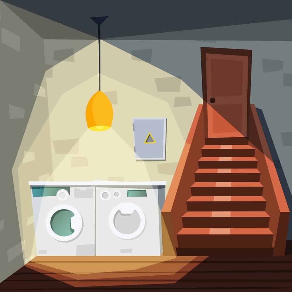 Basement. Cartoon house room with basement with washing laundry machine stairway storehouse interior vector illustration. House basement interior, laundry in home, storehouse with washing machine
