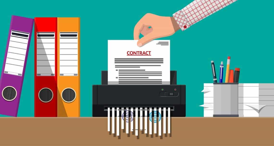 Hand putting contract paper in shredder machine. Torn to shreds document. Contract termination concept. Table with paper sheets, pen, ring binder. Vector illustration in flat design