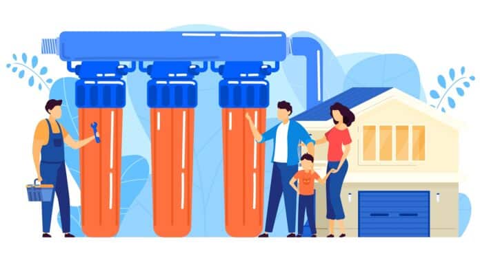 Water filter installation vector illustration. Cartoon flat tiny repairman worker character installing reverse osmosis filtration system purifier for water treatment. Repair service isolated on white