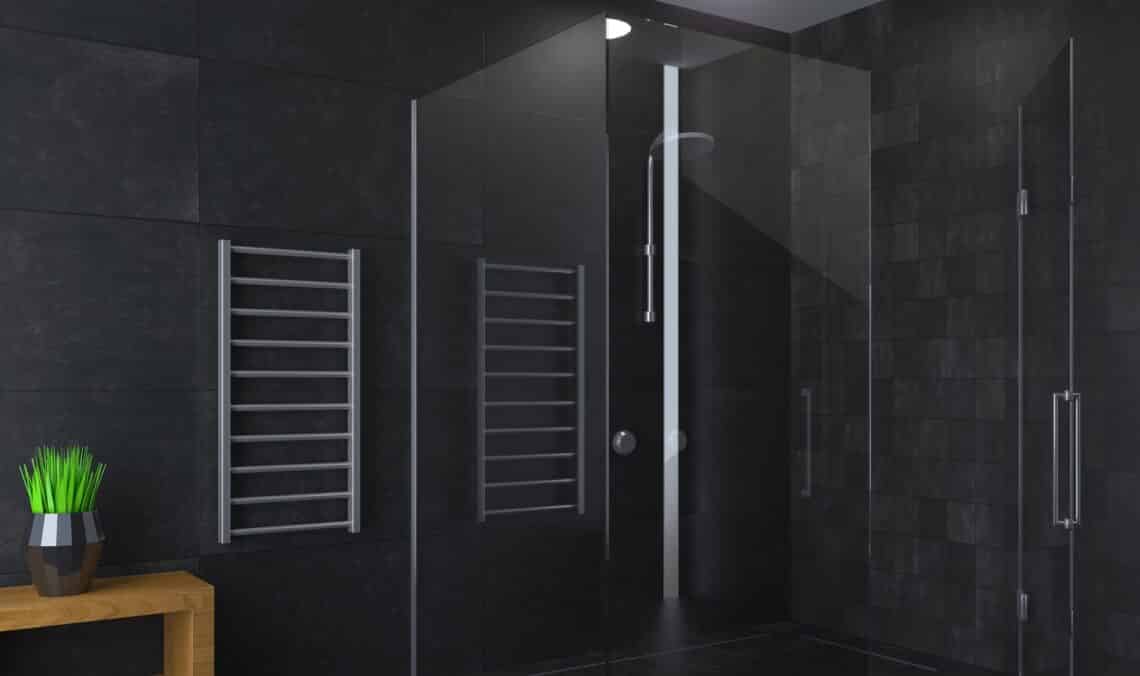 3d illustration. Modern glass shower room. Ceramic tile finishing. Home and interior. Glass doors. Decor and equipment