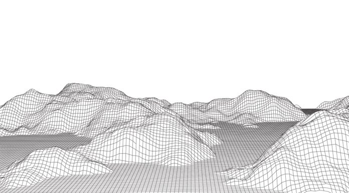 Detailed wireframe terrain landscape in black and white