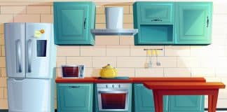 Kitchen interior witn furniture cartoon vector illustration. Home cooking room with wooden dining table, blue kitchen cabinets, fridge with magnet and reminder, oven, microwave, hob and extractor hood