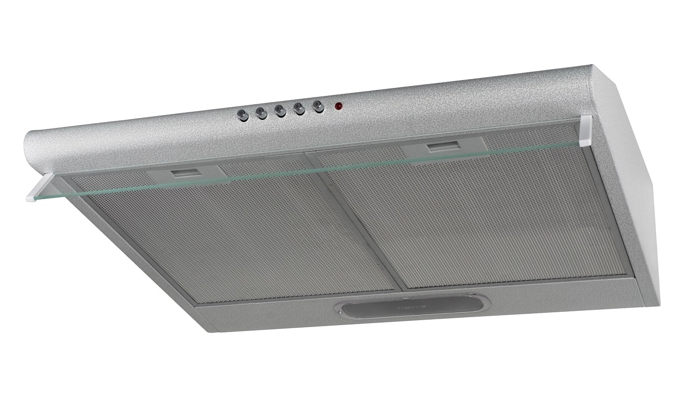 Cooker hood. The design is flat, wall mounted. Grey colour. Isolated.