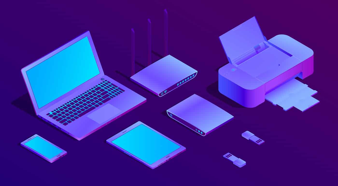Vector 3d isometric violet laptop, router with wi-fi and office equipment. Ultraviolet computer, flash drivers with printer for networking, typography. Wireless technology, electronic mobile device.