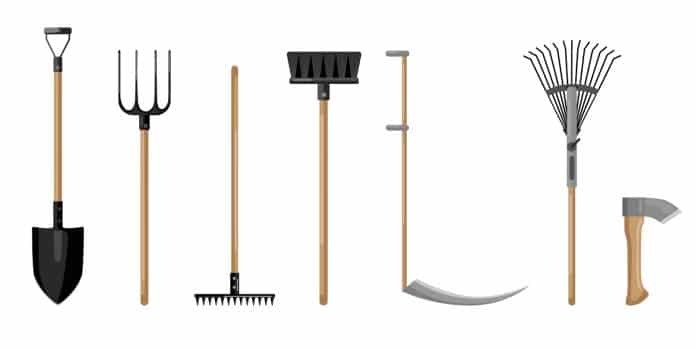 Set agricultural on white backdrop. Shovel, pitchfork, broom, axe, scythe,rake Flat style vector illustration