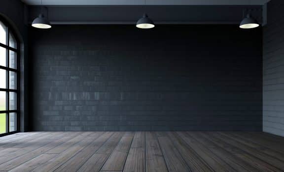 3d render of blank wall in empty room with windows