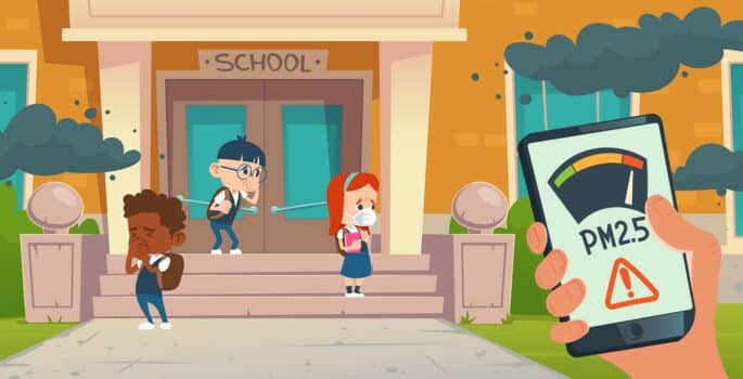 Pm2. 5 air pollution smartphone application. Pm 2. 5 dust detector. Vector cartoon illustration of kids cough from smoke, dirty air and smog clouds in front of school