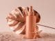 Sunscreen cream or lotion bottle with tropical monstera leaf colored in rose gold. Healthcare while vacationing concept.