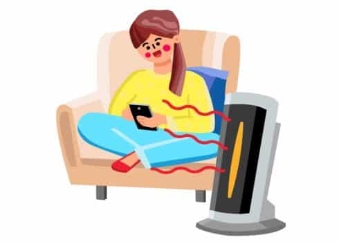 Space heater device for air warming home vector. Young woman sitting in armchair and use smartphone, space heater gadget heating room. Character girl and electronic equipment flat cartoon illustration
