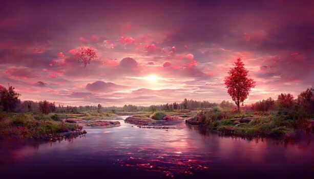 Raster illustration of valley river in pink colors. Sunset, dawn, red trees, river banks, beautiful nature, purple clouds, magic realism. Romantic landscape concept. 3d rendering illustration. Raster painting