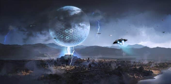 Alien spacecraft appeared over ancient cities, science fiction illustration. Photobashing